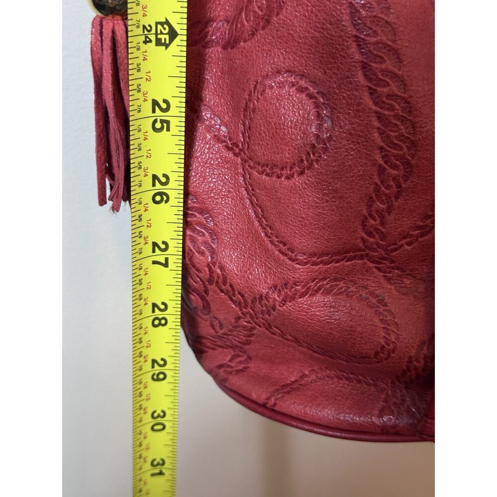 Red Leather Embossed Bucket Bag Crossbody Drawstring Purse Boho Western Festival - Picture 8 of 15